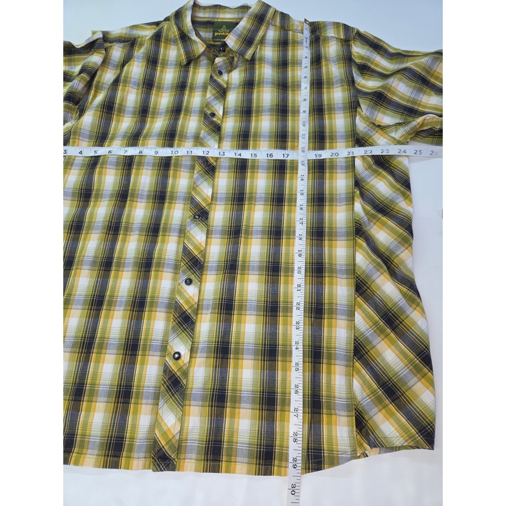 Prana Mens XL Short Sleeve Plaid Snap Front Shirt Yellow Green Organic Cotton - Picture 3 of 8